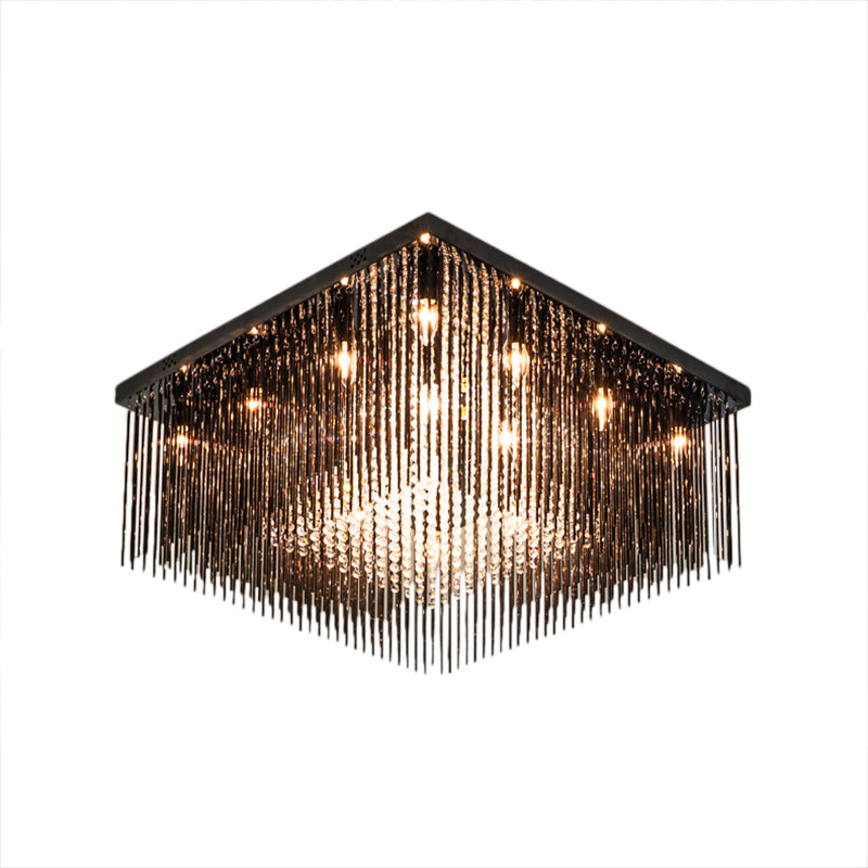 Contemporary Crystal Rod and Beaded Cubic Flush Ceiling Light - Black, 4/6/9 Lights, 16"/19"/23.5" Wide