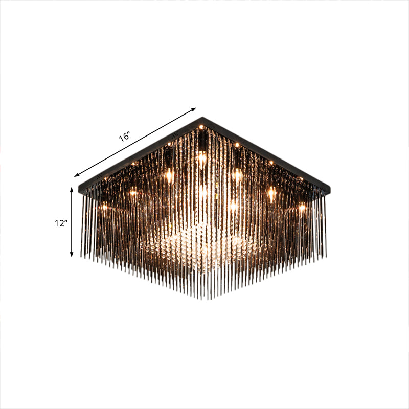 Contemporary Crystal Rod and Beaded Cubic Flush Ceiling Light - Black, 4/6/9 Lights, 16"/19"/23.5" Wide