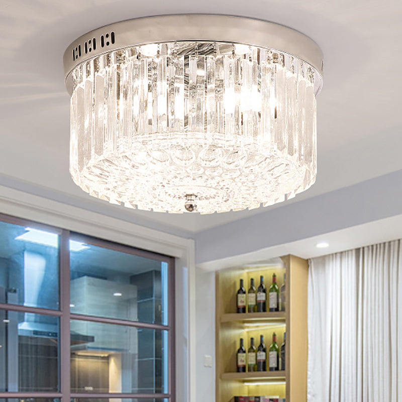 Modern Chrome Drum Flush Light Fixture with 3 Rectangular-Cut Crystal Lights for Bedroom - 10"/14" Wide