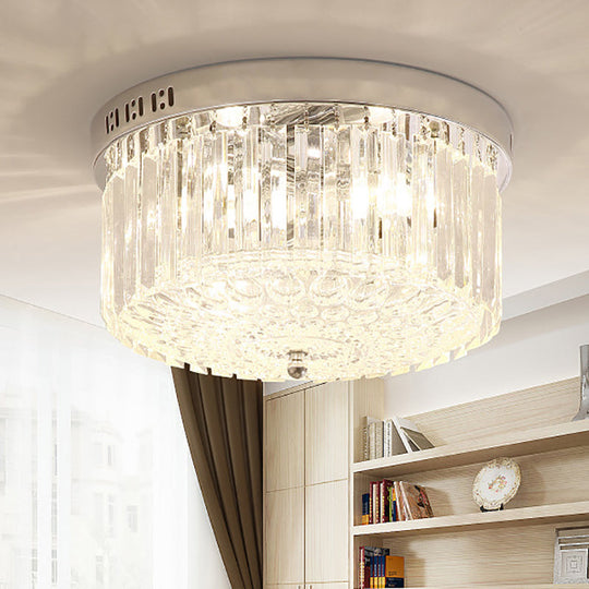 Modern Chrome Drum Flush Light Fixture with 3 Rectangular-Cut Crystal Lights for Bedroom - 10"/14" Wide