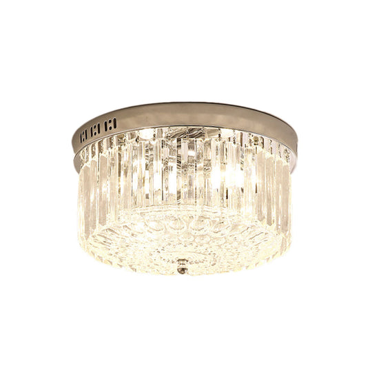 Modern Chrome Drum Flush Light Fixture with 3 Rectangular-Cut Crystal Lights for Bedroom - 10"/14" Wide
