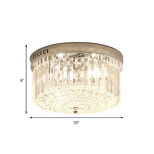 Modern Chrome Drum Flush Light Fixture with 3 Rectangular-Cut Crystal Lights for Bedroom - 10"/14" Wide