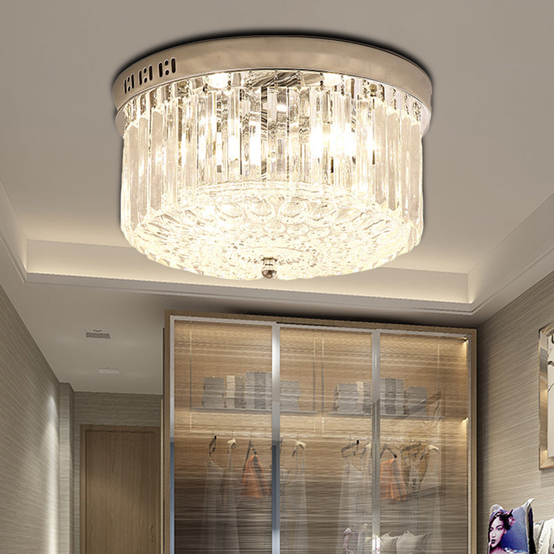 Modern Chrome Drum Flush Light Fixture with 3 Rectangular-Cut Crystal Lights for Bedroom - 10"/14" Wide