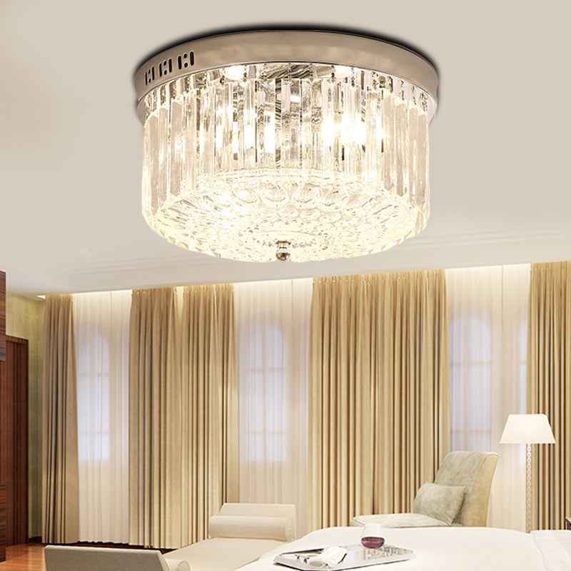 Modern Chrome Drum Flush Light Fixture with 3 Rectangular-Cut Crystal Lights for Bedroom - 10"/14" Wide
