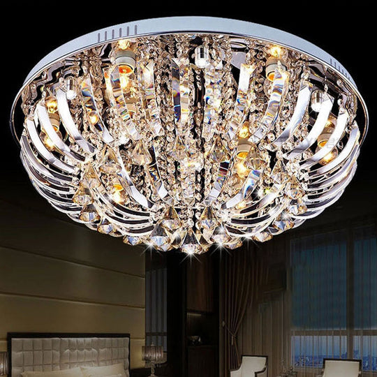 Contemporary Crystal Dome Flush Mount Light - 9/12 Lights, 23.5"/31.5" Wide, Chrome Ceiling Fixture