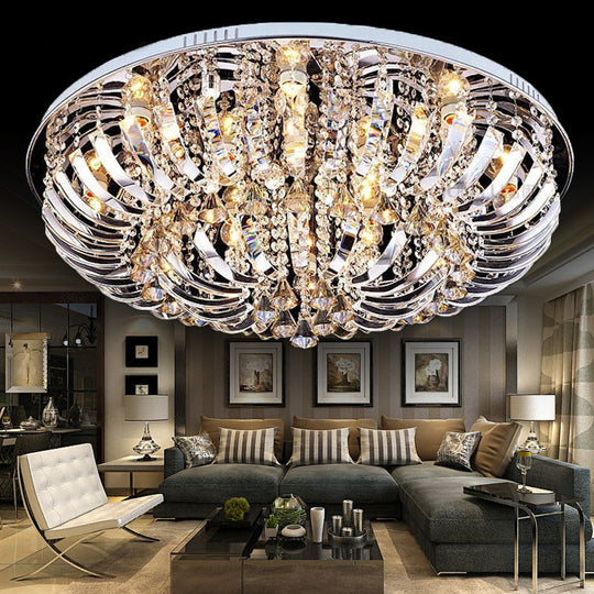 Contemporary Crystal Dome Flush Mount Light - 9/12 Lights, 23.5"/31.5" Wide, Chrome Ceiling Fixture