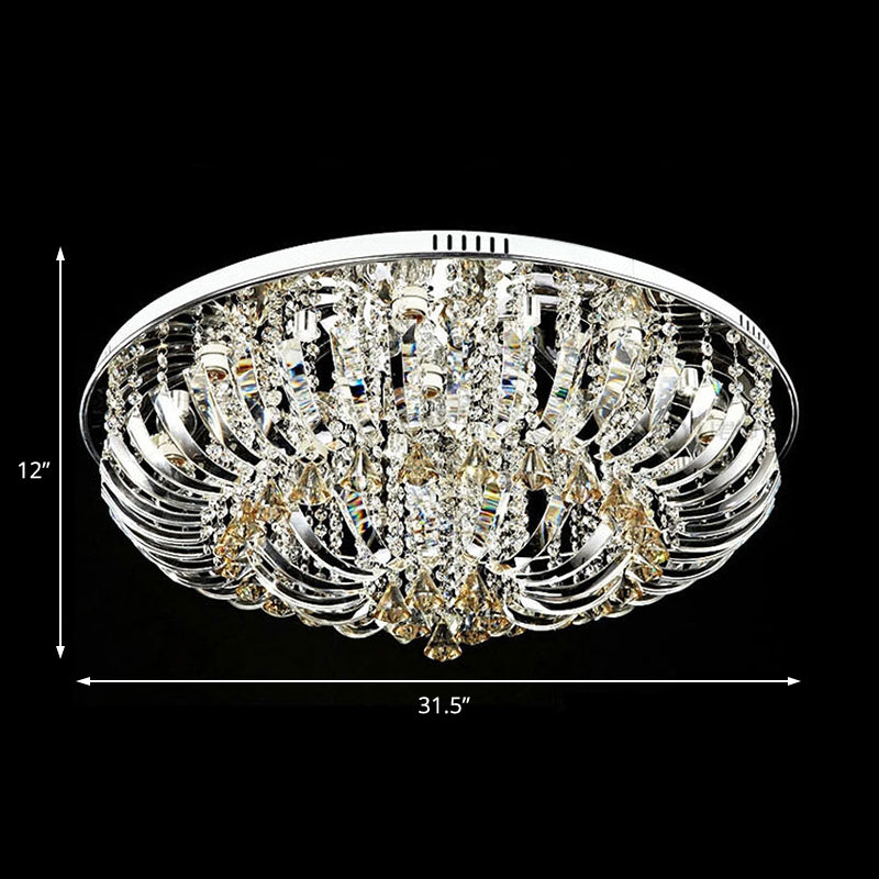Contemporary Crystal Dome Flush Mount Light - 9/12 Lights, 23.5"/31.5" Wide, Chrome Ceiling Fixture