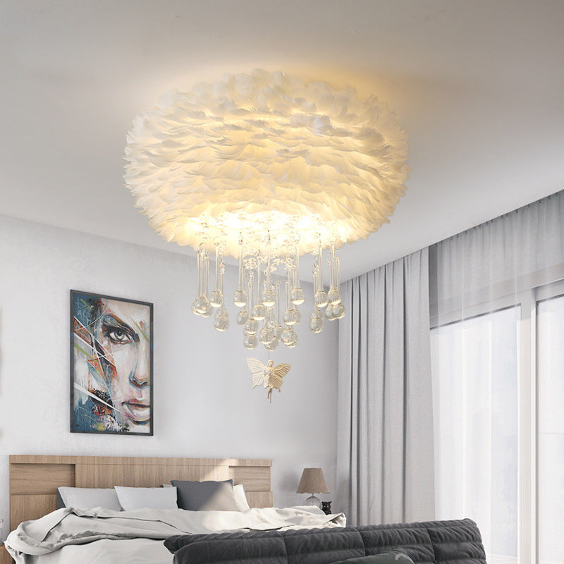 Modern Nordic Cloud Flush Light with Crystal Drop - White/Pink/Black Feather - 2/3/4 Lights - Bedroom Ceiling Lamp - 16"/19.5"/23.5" Width