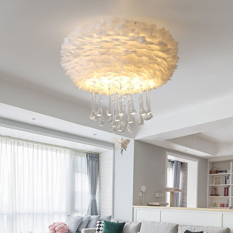 Modern Nordic Cloud Flush Light with Crystal Drop - White/Pink/Black Feather - 2/3/4 Lights - Bedroom Ceiling Lamp - 16"/19.5"/23.5" Width