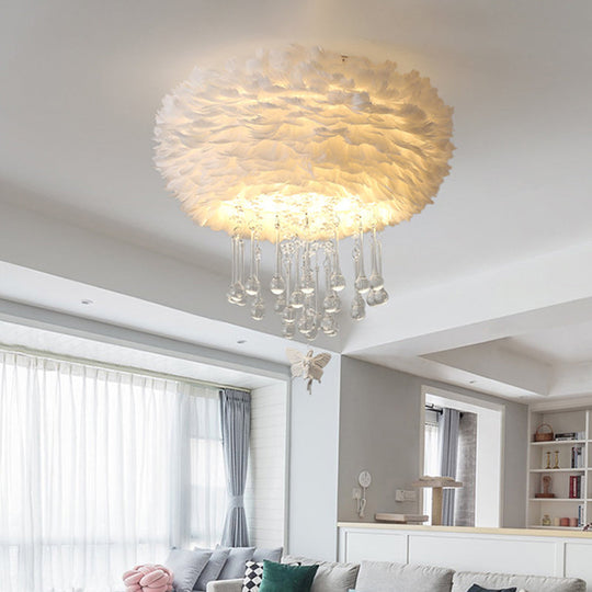 Modern Nordic Cloud Flush Light with Crystal Drop - White/Pink/Black Feather - 2/3/4 Lights - Bedroom Ceiling Lamp - 16"/19.5"/23.5" Width
