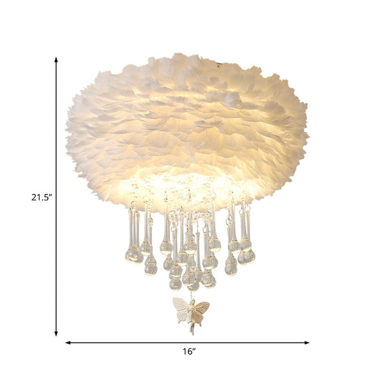 Modern Nordic Cloud Flush Light With Crystal Drop - White/Pink/Black Feather 2/3/4 Lights Bedroom