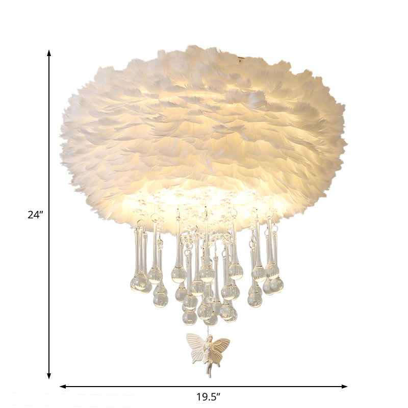 Modern Nordic Cloud Flush Light With Crystal Drop - White/Pink/Black Feather 2/3/4 Lights Bedroom