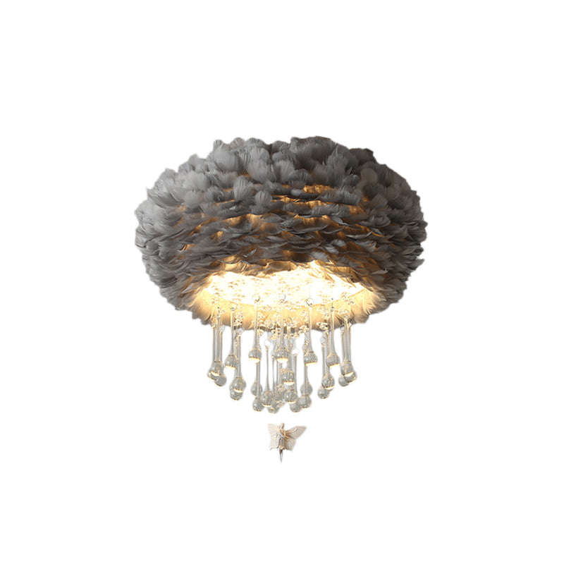 Modern Nordic Cloud Flush Light with Crystal Drop - White/Pink/Black Feather - 2/3/4 Lights - Bedroom Ceiling Lamp - 16"/19.5"/23.5" Width