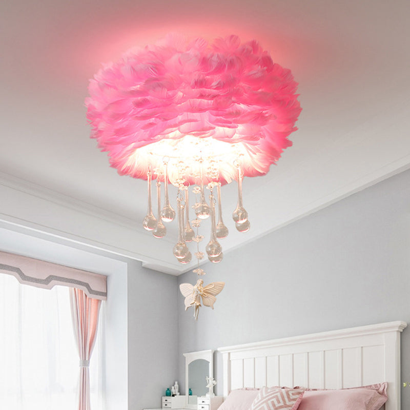 Modern Nordic Cloud Flush Light with Crystal Drop - White/Pink/Black Feather - 2/3/4 Lights - Bedroom Ceiling Lamp - 16"/19.5"/23.5" Width