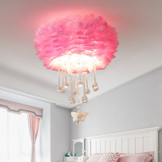 Modern Nordic Cloud Flush Light with Crystal Drop - White/Pink/Black Feather - 2/3/4 Lights - Bedroom Ceiling Lamp - 16"/19.5"/23.5" Width