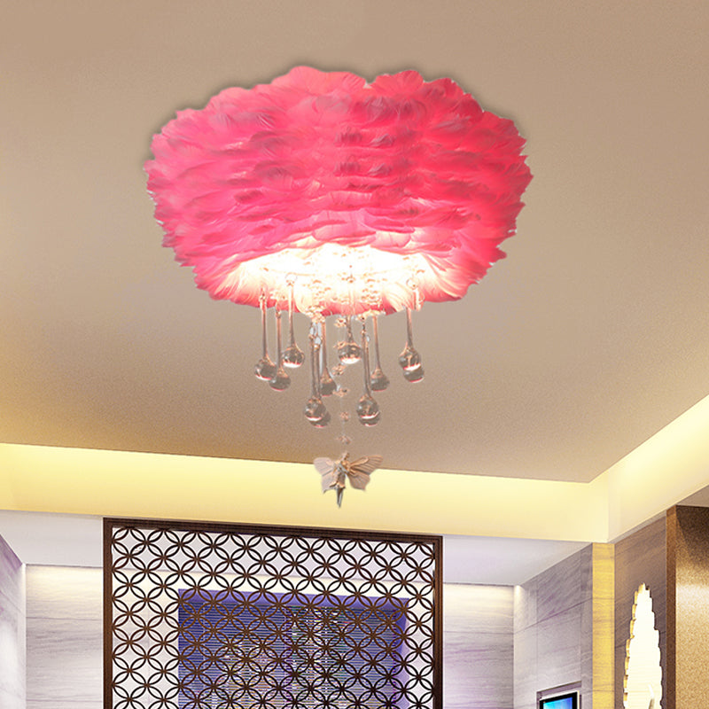 Modern Nordic Cloud Flush Light with Crystal Drop - White/Pink/Black Feather - 2/3/4 Lights - Bedroom Ceiling Lamp - 16"/19.5"/23.5" Width