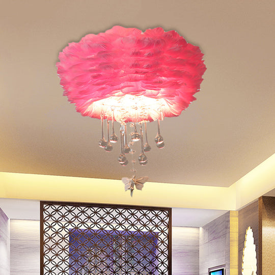 Modern Nordic Cloud Flush Light with Crystal Drop - White/Pink/Black Feather - 2/3/4 Lights - Bedroom Ceiling Lamp - 16"/19.5"/23.5" Width