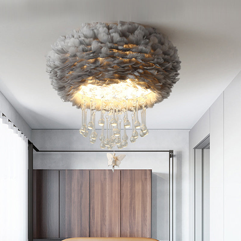 Modern Nordic Cloud Flush Light with Crystal Drop - White/Pink/Black Feather - 2/3/4 Lights - Bedroom Ceiling Lamp - 16"/19.5"/23.5" Width