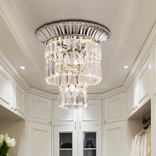 Modern Crystal Block Double Cylinder Shade Flush Ceiling Light - 5 Lights - Chrome/Gold