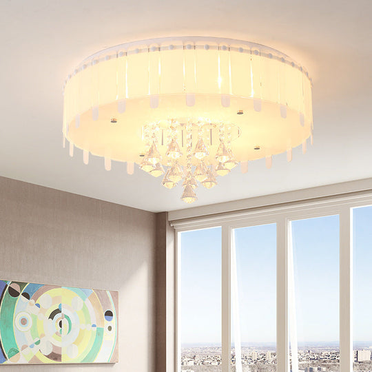 LED Flush Mount Ceiling Light with Crystal Drop and White Glass Shade - Simple Style, 19.5"/23.5" Wide