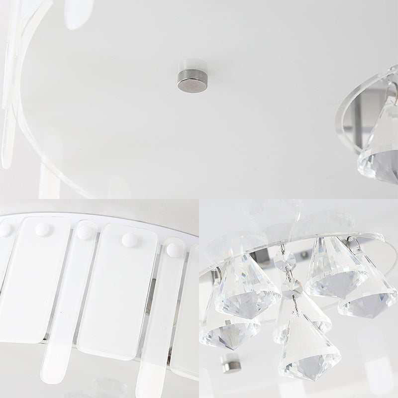 LED Flush Mount Ceiling Light with Crystal Drop and White Glass Shade - Simple Style, 19.5"/23.5" Wide