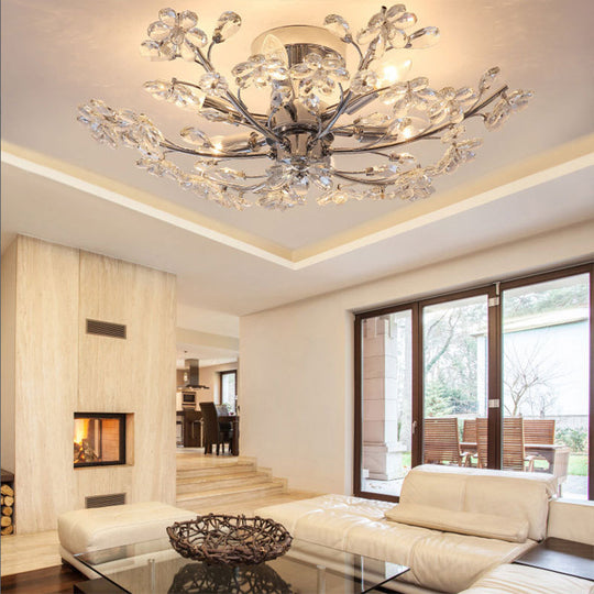 Plafonnier postmoderne en cristal à 6 lumières, finition chromée, semi-encastré, largeur 23"/27,5"