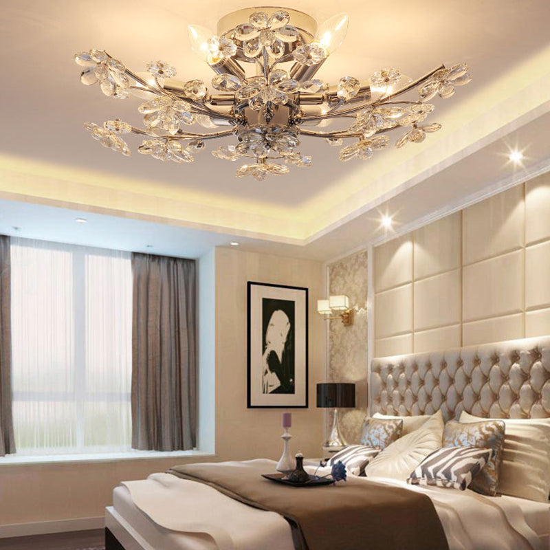 Plafonnier postmoderne en cristal à 6 lumières, finition chromée, semi-encastré, largeur 23"/27,5"