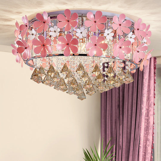 Modern Crystal Drop LED Drum Ceiling Light Fixture with Pink Flower Decoration, 18"/21.5" Wide