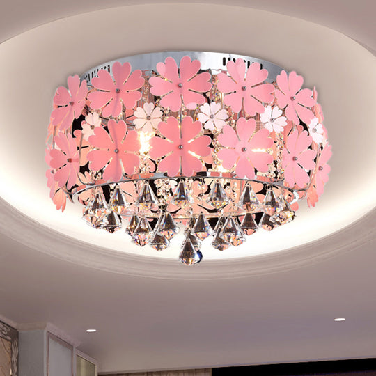 Modern Crystal Drop LED Drum Ceiling Light Fixture with Pink Flower Decoration, 18"/21.5" Wide