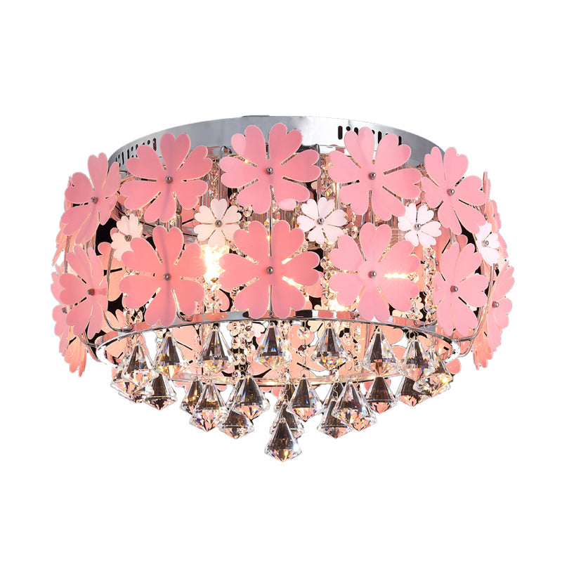 Modern Crystal Drop LED Drum Ceiling Light Fixture with Pink Flower Decoration, 18"/21.5" Wide
