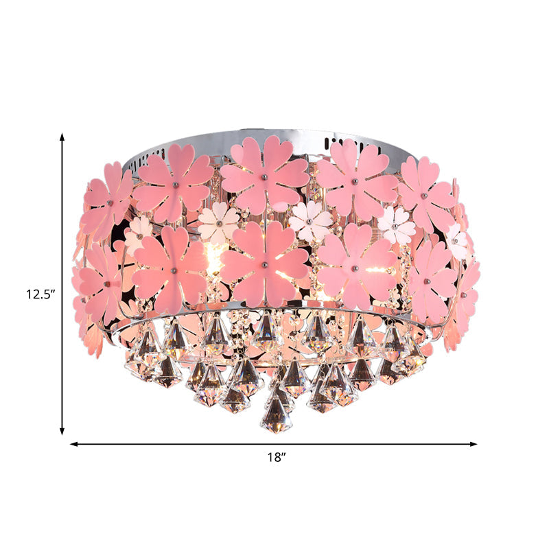 Modern Crystal Drop LED Drum Ceiling Light Fixture with Pink Flower Decoration, 18"/21.5" Wide