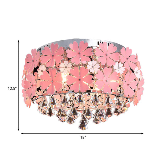 Modern Crystal Drop LED Drum Ceiling Light Fixture with Pink Flower Decoration, 18"/21.5" Wide