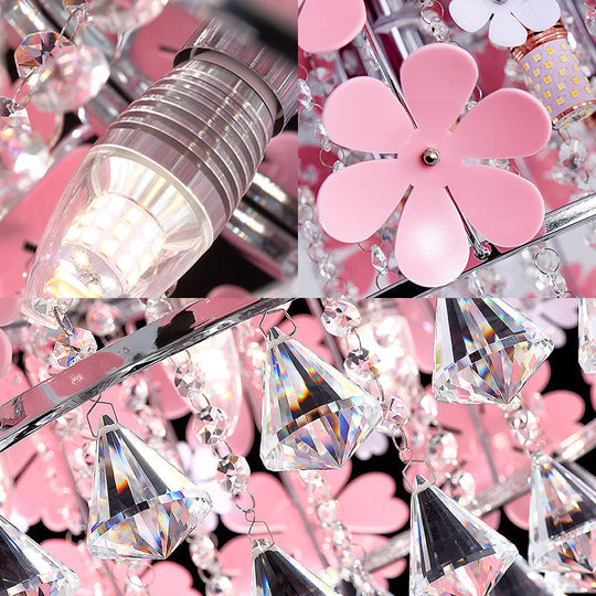Modern Crystal Drop LED Drum Ceiling Light Fixture with Pink Flower Decoration, 18"/21.5" Wide