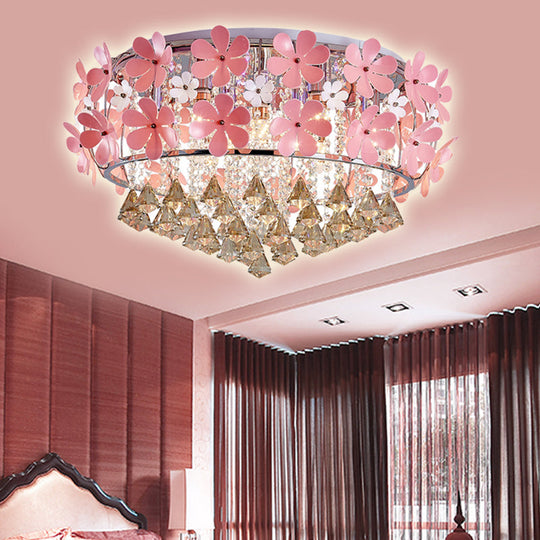 Modern Crystal Drop Led Drum Ceiling Light Fixture With Pink Flower Decoration 18/21.5 Wide / 21.5