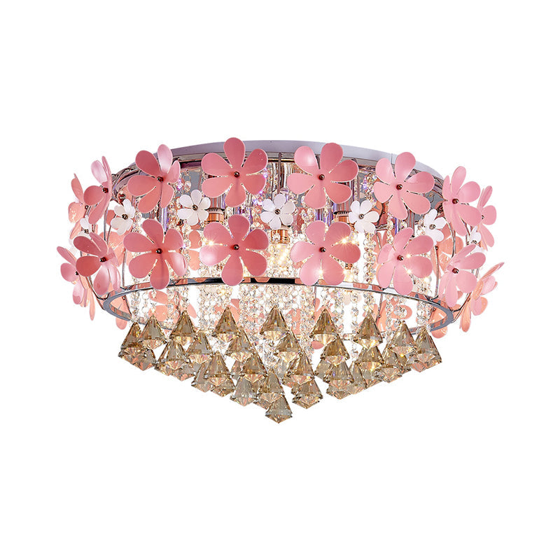 Modern Crystal Drop Led Drum Ceiling Light Fixture With Pink Flower Decoration 18/21.5 Wide