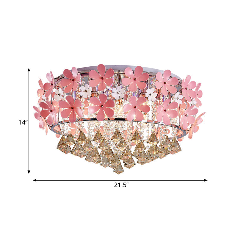 Modern Crystal Drop LED Drum Ceiling Light Fixture with Pink Flower Decoration, 18"/21.5" Wide