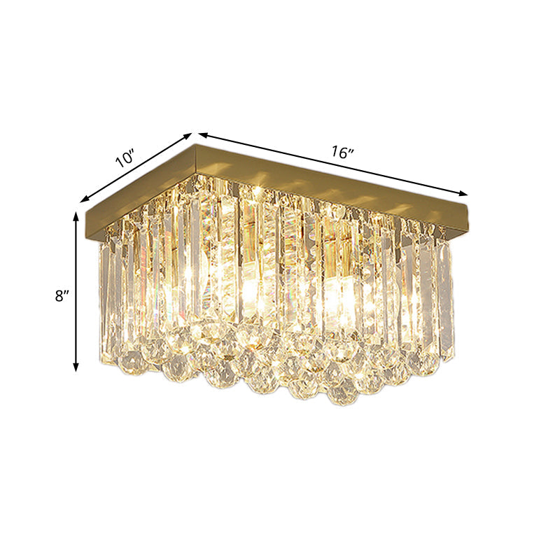 Modern Gold Flush Mount Light with Crystal Block Shade - 2 Lights, Rectangle Ceiling Design - 12"/16"/19.5" Wide