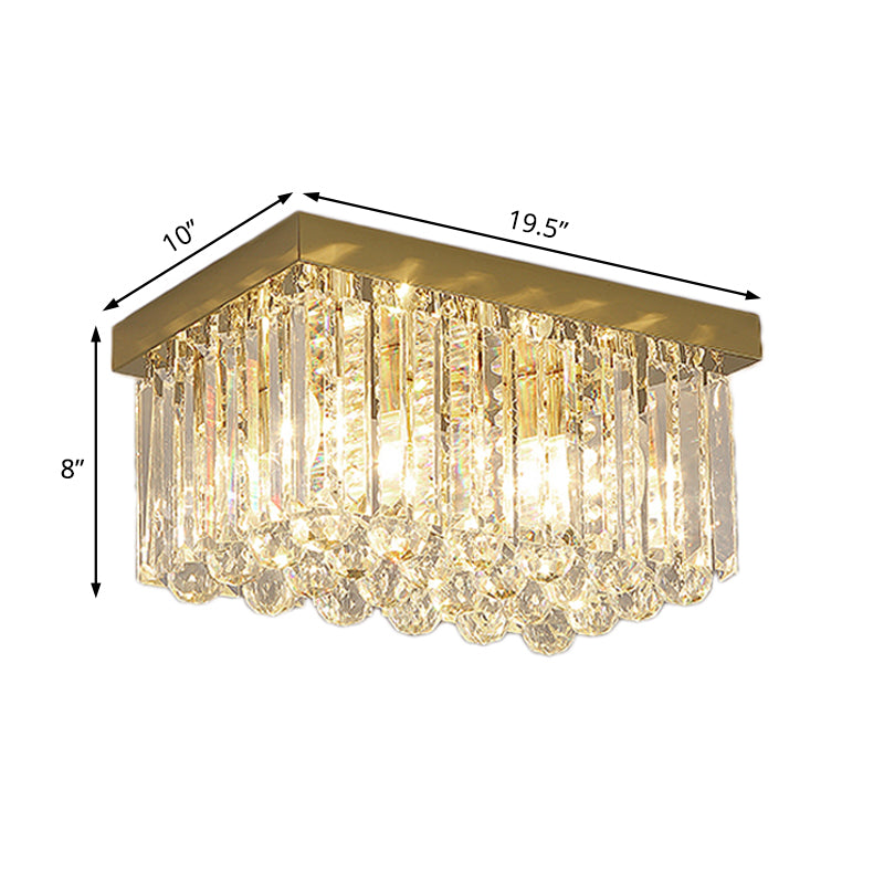 Modern Gold Flush Mount Light with Crystal Block Shade - 2 Lights, Rectangle Ceiling Design - 12"/16"/19.5" Wide