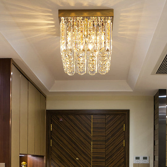 Modern Gold Flush Mount Light with Crystal Block Shade - 2 Lights, Rectangle Ceiling Design - 12"/16"/19.5" Wide