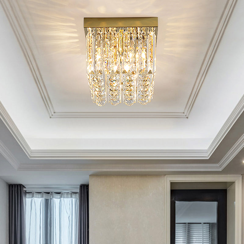 Modern Gold Flush Mount Light with Crystal Block Shade - 2 Lights, Rectangle Ceiling Design - 12"/16"/19.5" Wide