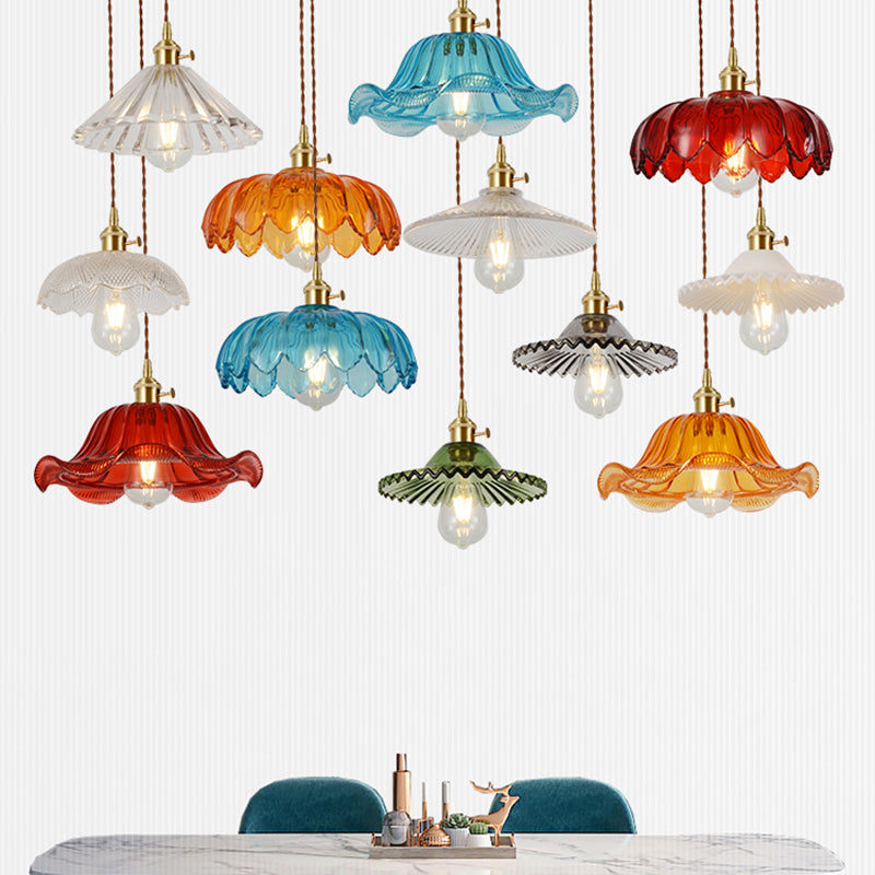 Lampe à suspension vintage en verre côtelé : lampe suspendue à une ampoule en laiton pour salle à manger