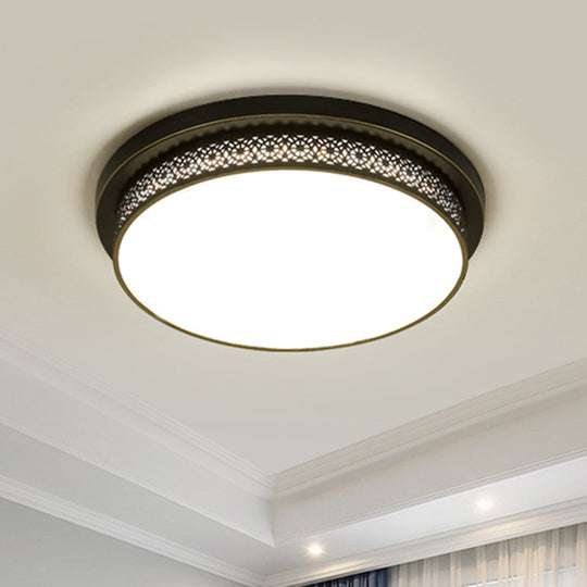 Black Round LED Flush Light - Rustic Acrylic Living Room Ceiling Fixture with Filigree Design
