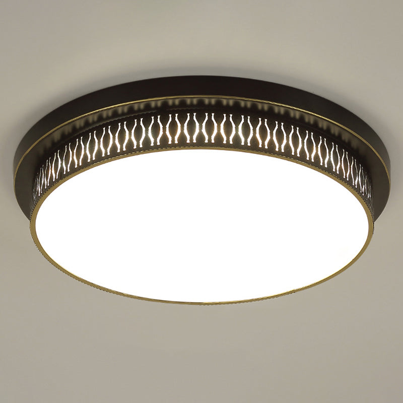Black Round LED Flush Light - Rustic Acrylic Living Room Ceiling Fixture with Filigree Design