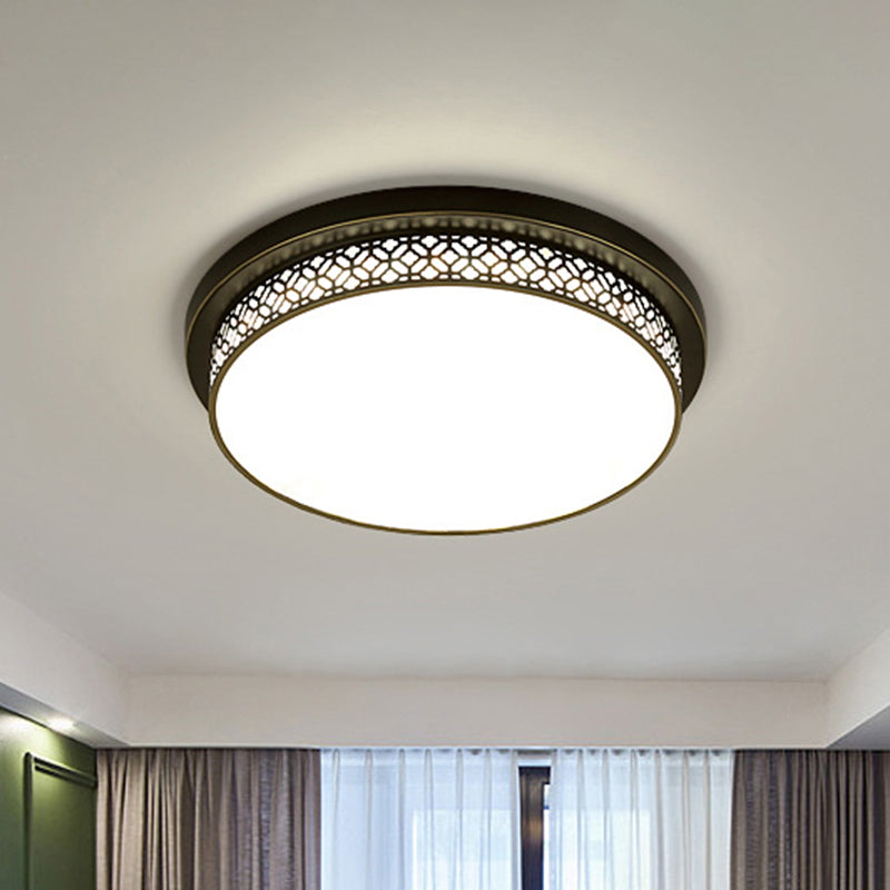 Black Round LED Flush Light - Rustic Acrylic Living Room Ceiling Fixture with Filigree Design