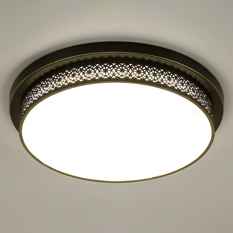 Black Round LED Flush Light - Rustic Acrylic Living Room Ceiling Fixture with Filigree Design