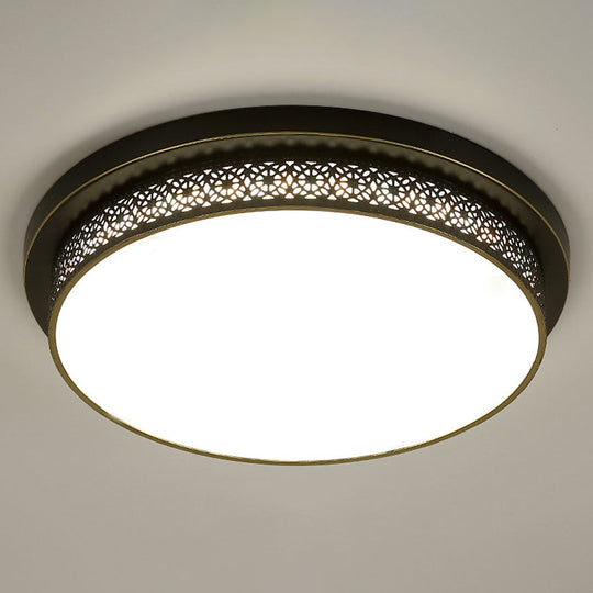 Black Round LED Flush Light - Rustic Acrylic Living Room Ceiling Fixture with Filigree Design