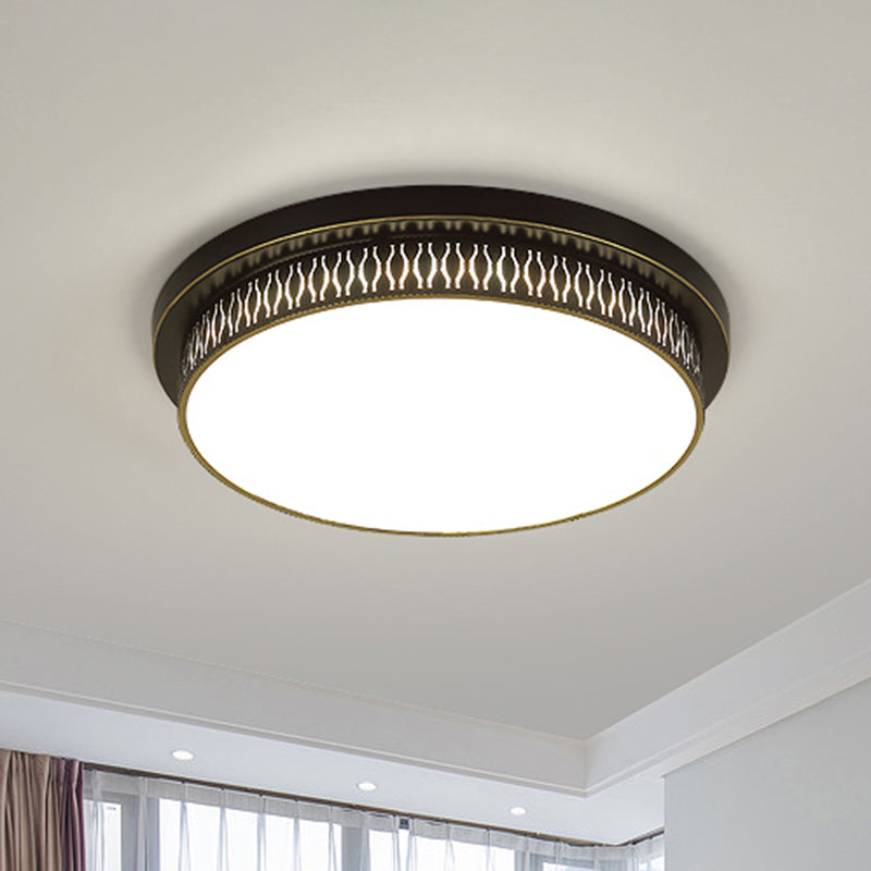 Black Round LED Flush Light - Rustic Acrylic Living Room Ceiling Fixture with Filigree Design
