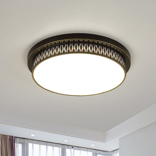 Black Round LED Flush Light - Rustic Acrylic Living Room Ceiling Fixture with Filigree Design
