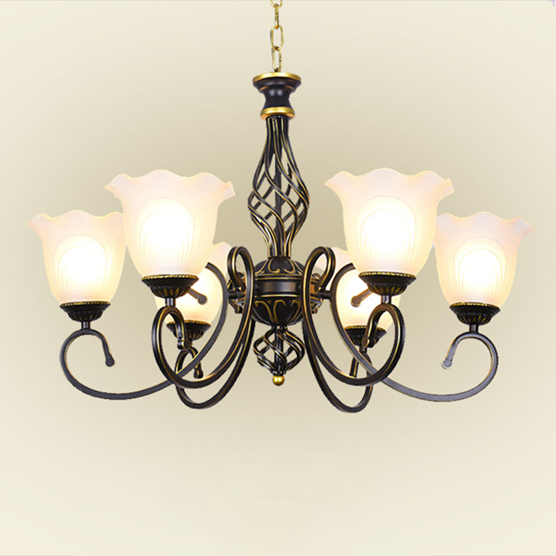 Ruffle Glass Floral Shade Chandelier For Classic Living Room Décor - Pendant Light With Scroll Arm