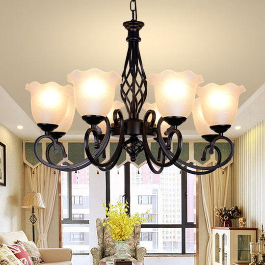 Ruffle Glass Floral Shade Chandelier For Classic Living Room Décor - Pendant Light With Scroll Arm